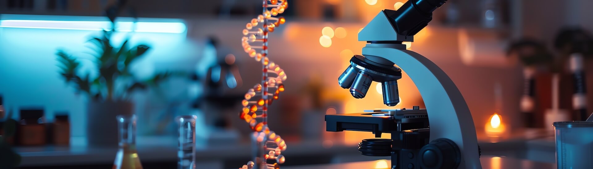 Microscope and DNA helix in IVF laboratory representing advanced genetics technology and preimplantation genetic testing